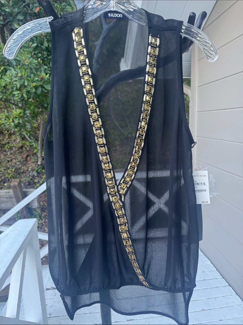 Tildon Black Sheer Camisole with Gold Beaded V-Neck Trim